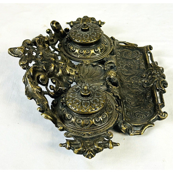 Vintage Antique Art Nouveau Brass Double Inkwell w/ Pen Tray & Ink Pots - Picture 3 of 7